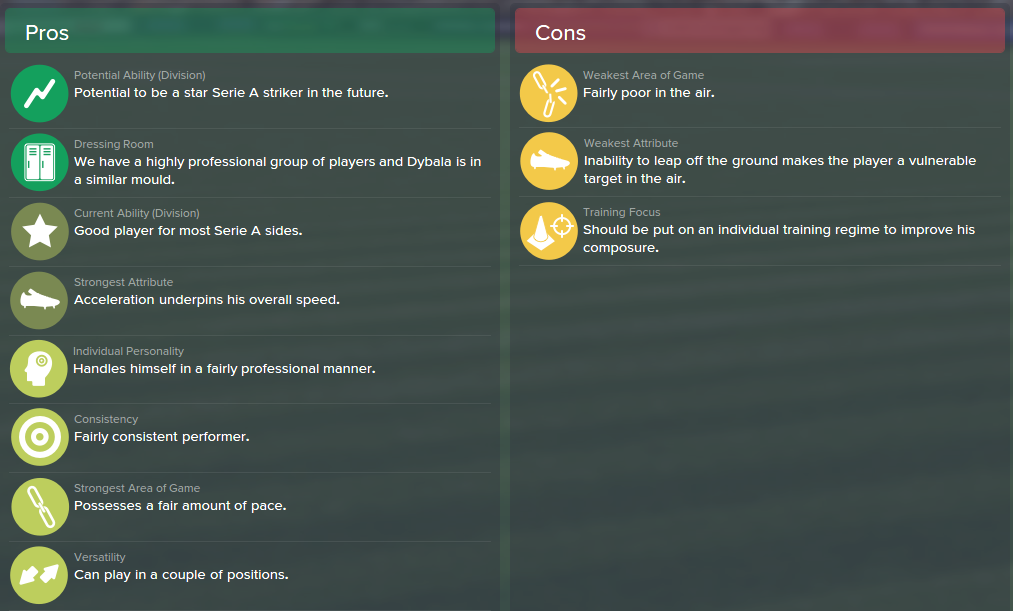 Paulo Dybala, FM15, FM 2015, Football Manager 2015, Scout Report, Pros & Cons
