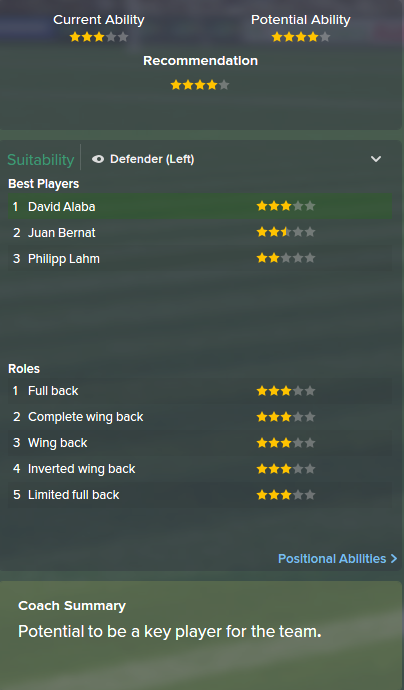 David Alaba, FM15, FM 2015, Football Manager 2015, Scout Report, Current & Potential Ability