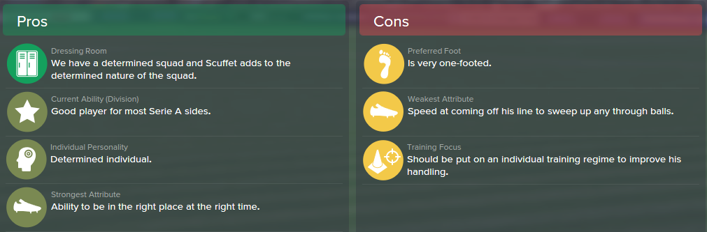 Simone Scuffet, FM15, FM 2015, Football Manager 2015, Scout Report, Pros & Cons