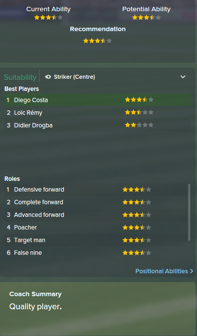 Diego Costa, FM15, FM 2015, Football Manager 2015, Scout Report, Current & Potential Ability