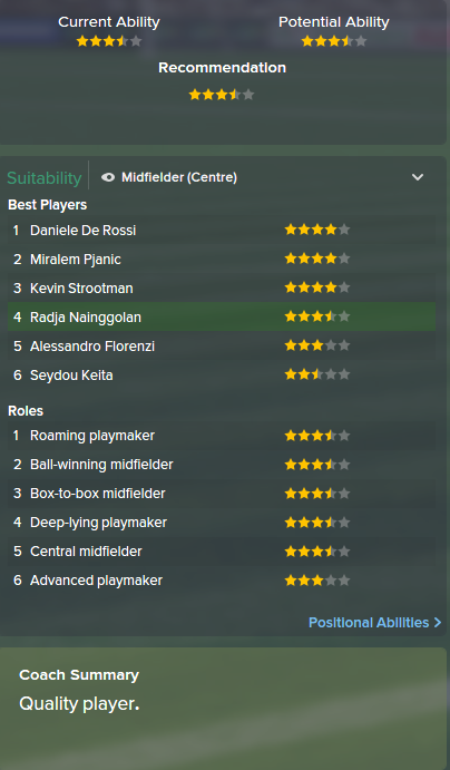 Radja Nainggolan, FM15, FM 2015, Football Manager 2015, Scout Report, Current & Potential Ability