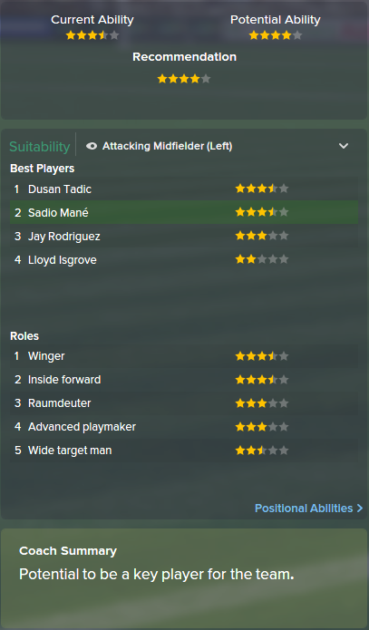 Sadio Mane, FM15, FM 2015, Football Manager 2015, Scout Report, Current & Potential Ability