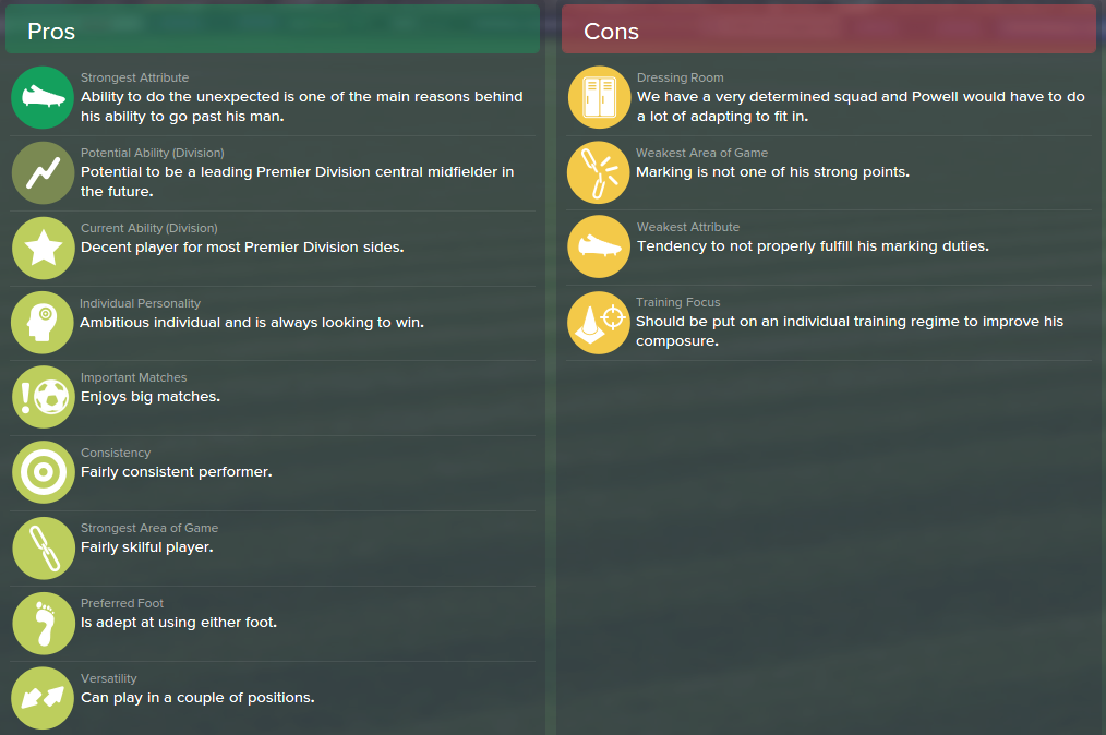 Nick Powell, FM15, FM 2015, Football Manager 2015, Scout Report, Pros & Cons