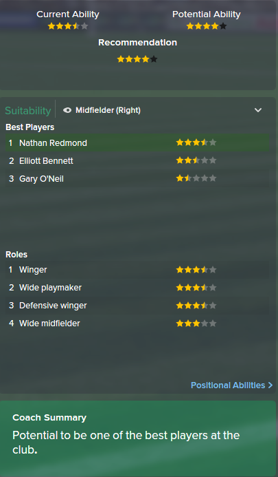 Nathan Redmond, FM15, FM 2015, Football Manager 2015, Scout Report, Current & Potential Ability