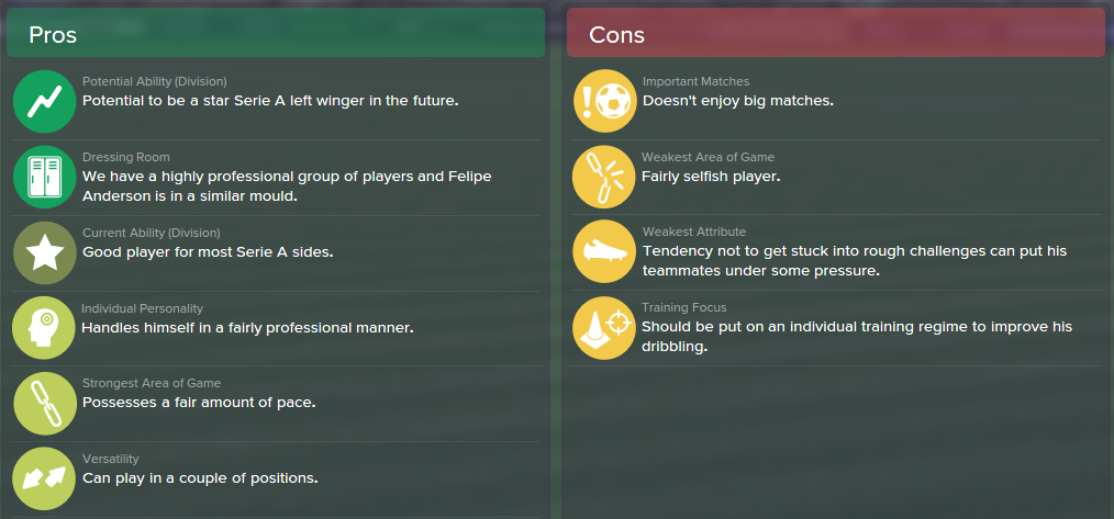 Felipe Anderson, FM15, FM 2015, Football Manager 2015, Scout Report, Pros & Cons