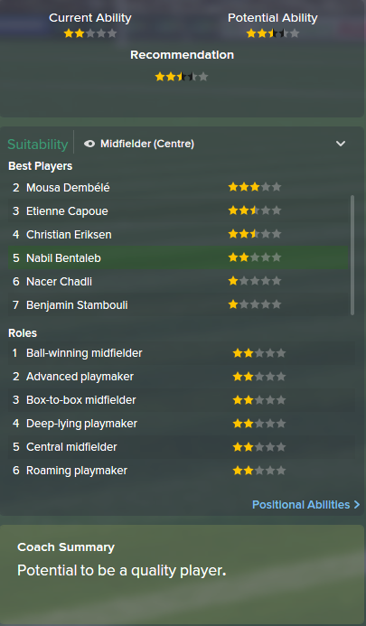 Nabil Bentaleb, FM15, FM 2015, Football Manager 2015, Scout Report, Current & Potential Ability
