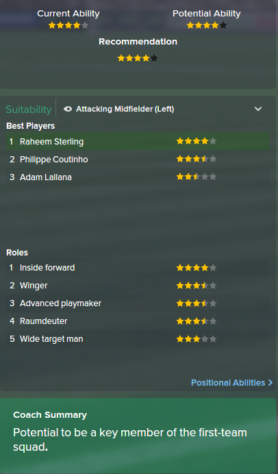 Raheem Sterling, FM15, FM 2015, Football Manager 2015, Scout Report, Current & Potential Ability