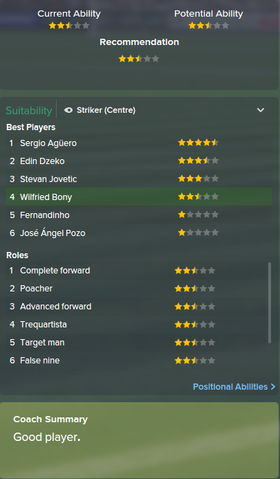 Wilfried Bony, FM15, FM 2015, Football Manager 2015, Scout Report, Current & Potential Ability