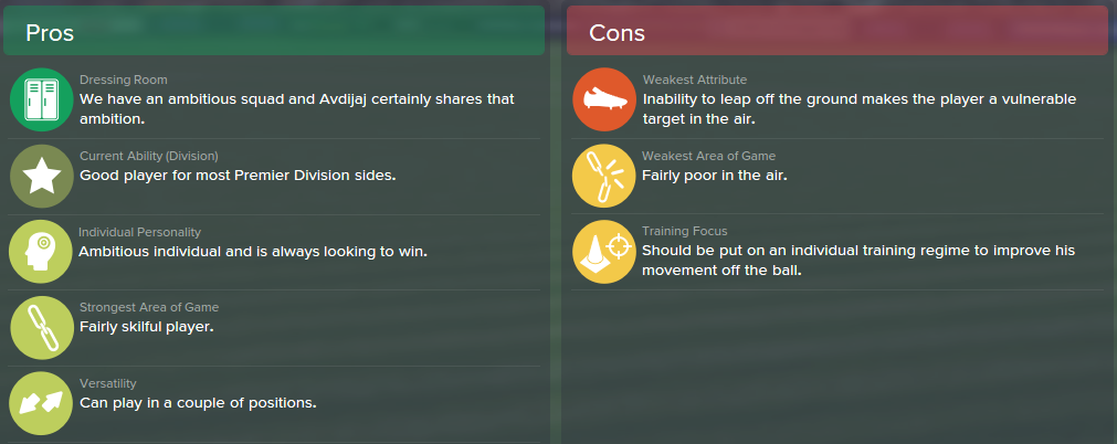 Donis Avdijaj, FM15, FM 2015, Football Manager 2015, Scout Report, Pros & Cons