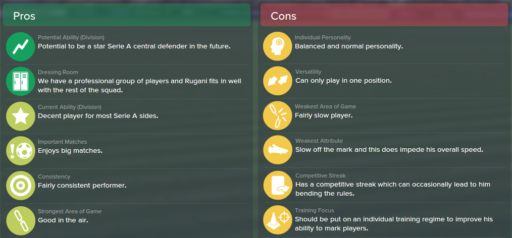 Daniele Rugani, FM15, FM 2015, Football Manager 2015, Scout Report, Pros & Cons