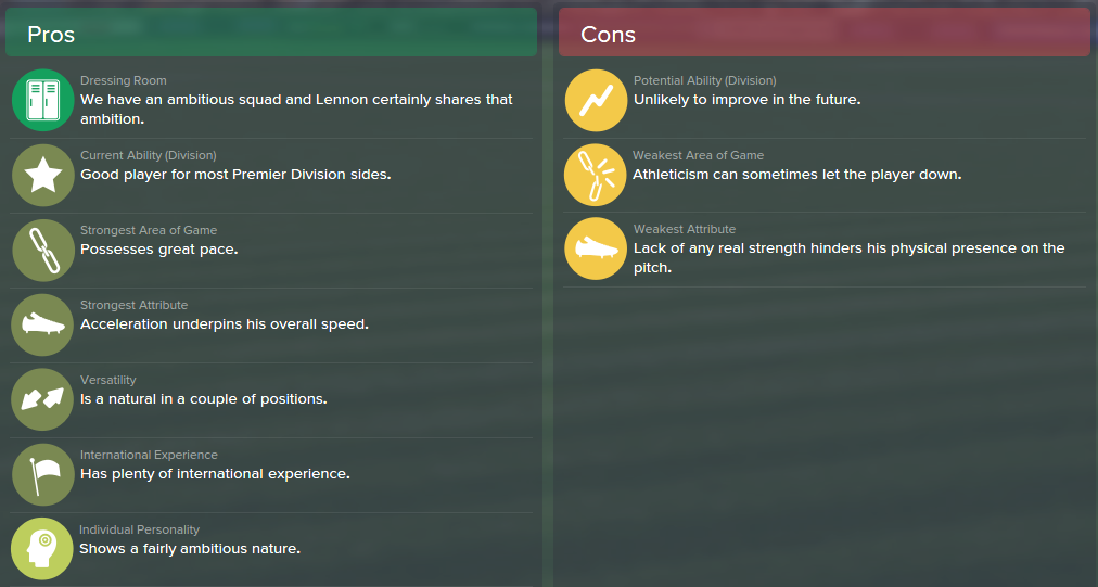 Aaron Lennon, FM15, FM 2015, Football Manager 2015, Scout Report, Pros & Cons
