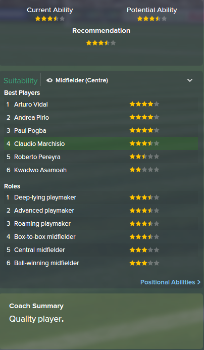 Claudio Marchisio, FM15, FM 2015, Football Manager 2015, Scout Report, Current & Potential Ability