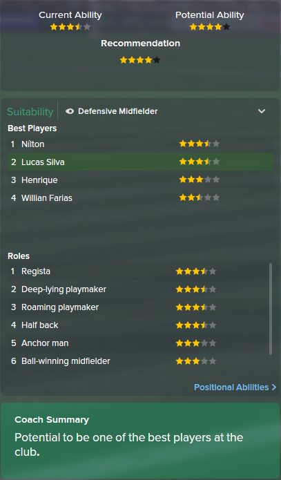 Lucas Silva, FM15, FM 2015, Football Manager 2015, Scout Report, Current & Potential Ability