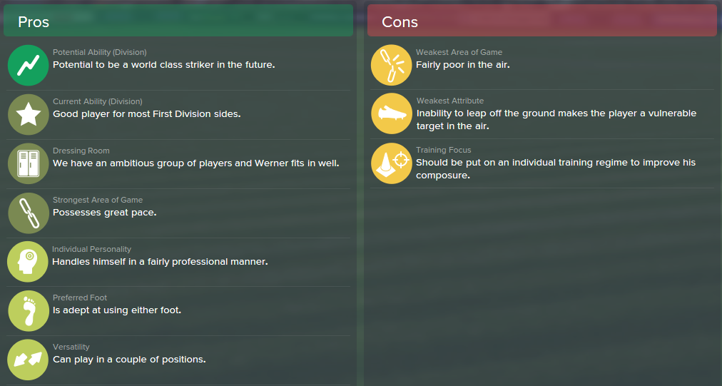 Timo Werner, FM15, FM 2015, Football Manager 2015, Scout Report, Pros & Cons