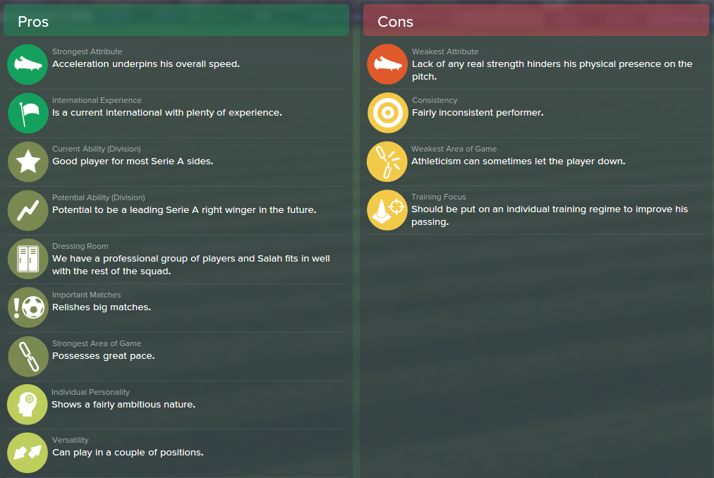 Mohamed Salah, FM15, FM 2015, Football Manager 2015, Scout Report, Pros & Cons