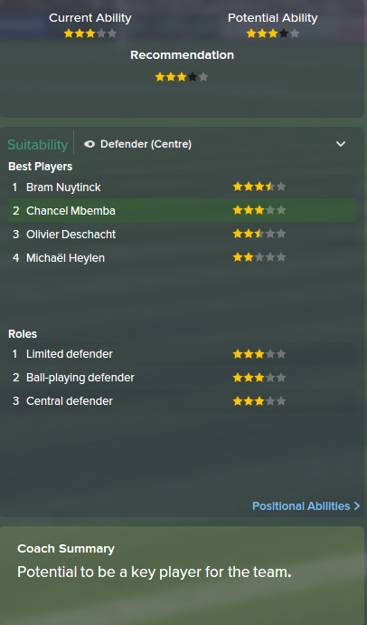 Chancel Mbemba, FM15, FM 2015, Football Manager 2015, Scout Report, Current & Potential Ability