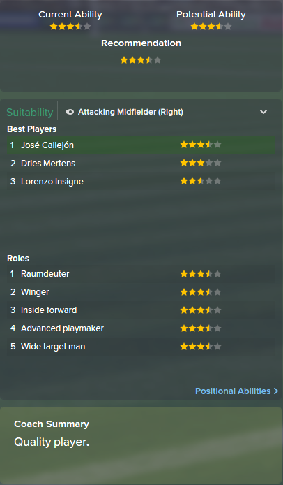 Jose Callejon, FM15, FM 2015, Football Manager 2015, Scout Report, Current & Potential Ability