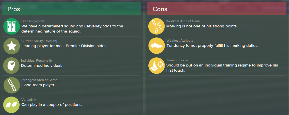 Tom Cleverley, FM15, FM 2015, Football Manager 2015, Scout Report, Pros & Cons