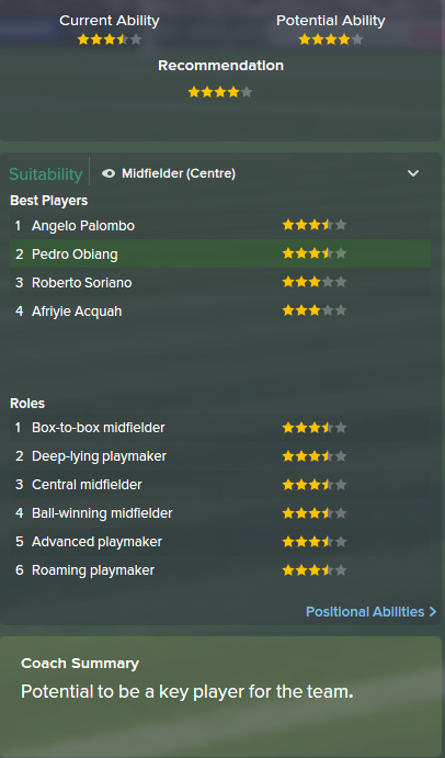 Pedro Obiang, FM15, FM 2015, Football Manager 2015, Scout Report, Current & Potential Ability