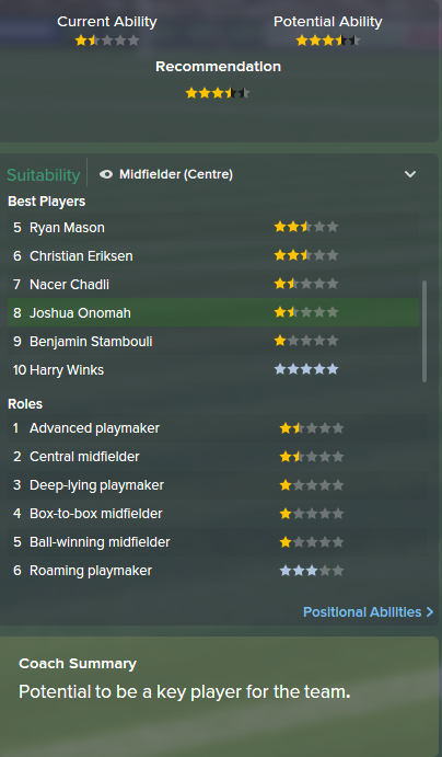 Joshua Onomah, FM15, FM 2015, Football Manager 2015, Scout Report, Current & Potential Ability