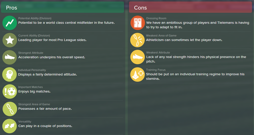 Youri Tielemans, FM15, FM 2015, Football Manager 2015, Scout Report, Pros & Cons