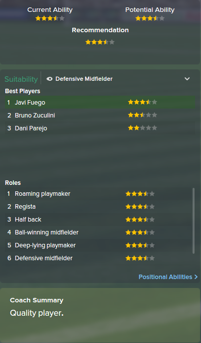 Javi Fuego, FM15, FM 2015, Football Manager 2015, Scout Report, Current & Potential Ability