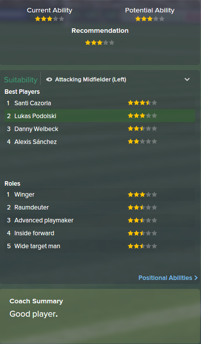 Lukas Podolski, FM15, FM 2015, Football Manager 2015, Scout Report, Current & Potential Ability
