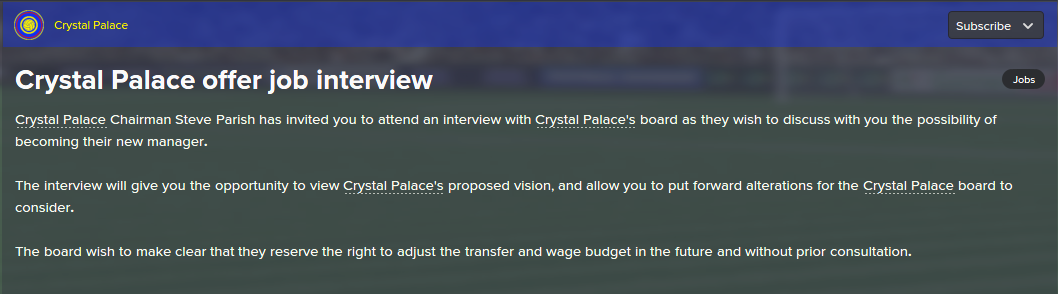 Crystal Palace job offer, Football Manager 2015, FM15, FM 2015