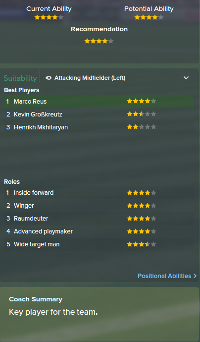 Marco Reus, FM15, FM 2015, Football Manager 2015, Scout Report, Current & Potential Ability