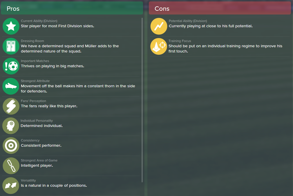 Thomas Muller, FM15, FM 2015, Football Manager 2015, Scout Report, Pros & Cons