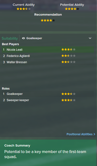 Nicola Leali, FM15, FM 2015, Football Manager 2015, Scout Report, Current & Potential Ability