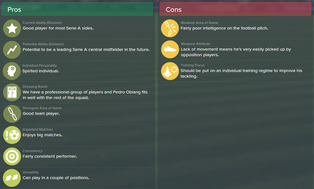 Pedro Obiang, FM15, FM 2015, Football Manager 2015, Scout Report, Pros & Cons