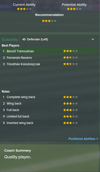 Benoit Tremoulinas, FM15, FM 2015, Football Manager 2015, Scout Report, Current & Potential Ability