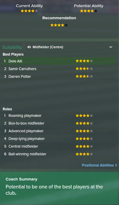 Dele Alli, FM15, FM 2015, Football Manager 2015, Scout Report, Current & Potential Ability