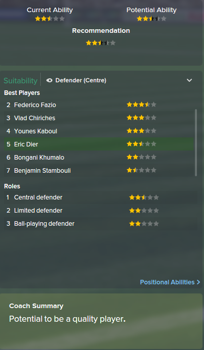 Eric Dier, FM15, FM 2015, Football Manager 2015, Scout Report, Current & Potential Ability