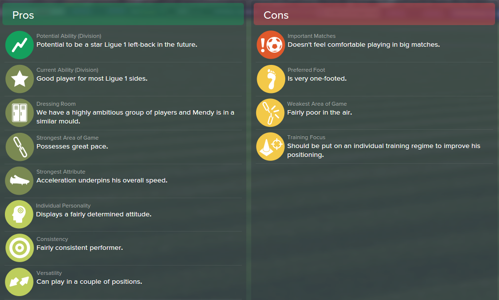 Benjamin Mendy, FM15, FM 2015, Football Manager 2015, Scout Report, Pros & Cons