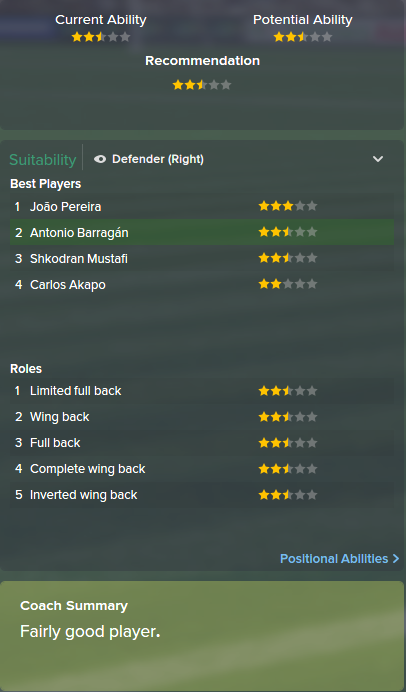 Antonio Barragan, FM15, FM 2015, Football Manager 2015, Scout Report, Current & Potential Ability