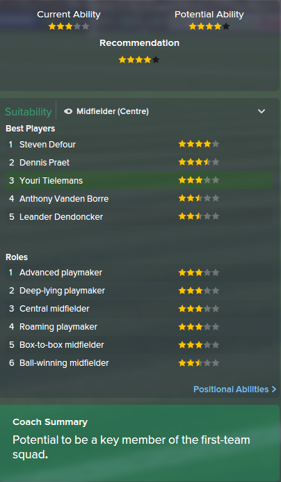 Youri Tielemans, FM15, FM 2015, Football Manager 2015, Scout Report, Current & Potential Ability