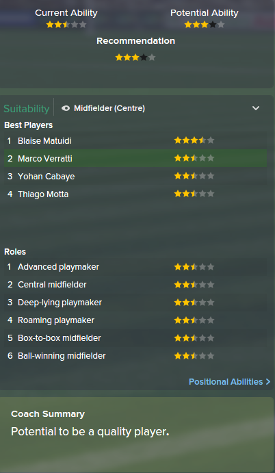 Marco Verratti, FM15, FM 2015, Football Manager 2015, Scout Report, Current & Potential Ability