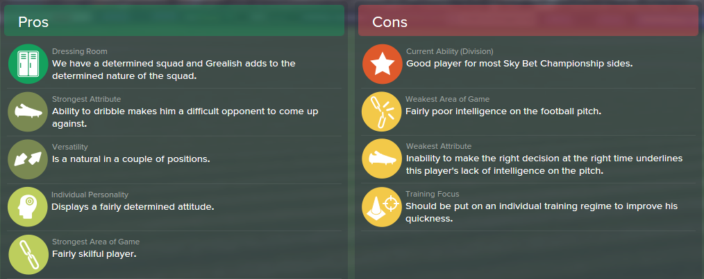 Jack Grealish, FM15, FM 2015, Football Manager 2015, Scout Report, Pros & Cons