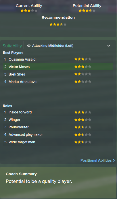 Victor Moses, FM15, FM 2015, Football Manager 2015, Scout Report, Current & Potential Ability