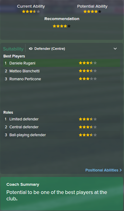 Daniele Rugani, FM15, FM 2015, Football Manager 2015, Scout Report, Current & Potential Ability