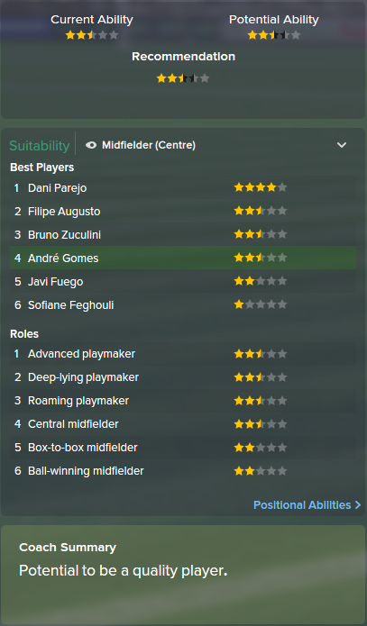 Andre Gomes, FM15, FM 2015, Football Manager 2015, Scout Report, Current & Potential Ability