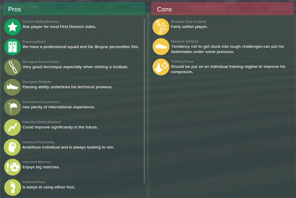 Kevin De Bruyne, FM15, FM 2015, Football Manager 2015, Scout Report, Pros & Cons