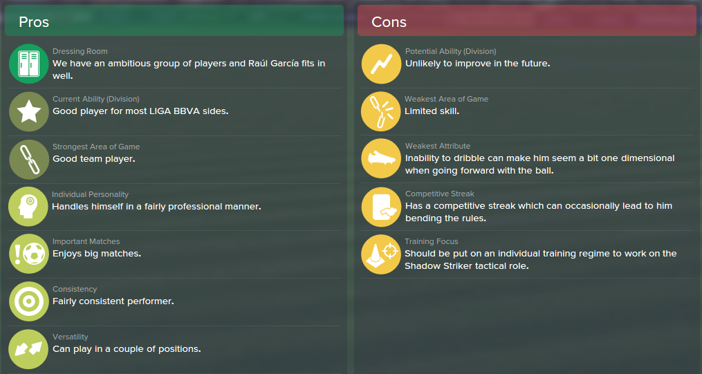 Raul Garcia, FM15, FM 2015, Football Manager 2015, Scout Report, Pros & Cons