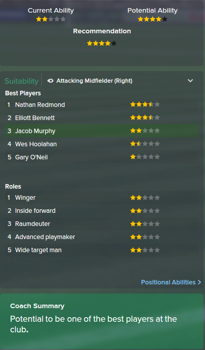 Jacob Murphy, FM15, FM 2015, Football Manager 2015, Scout Report, Current & Potential Ability