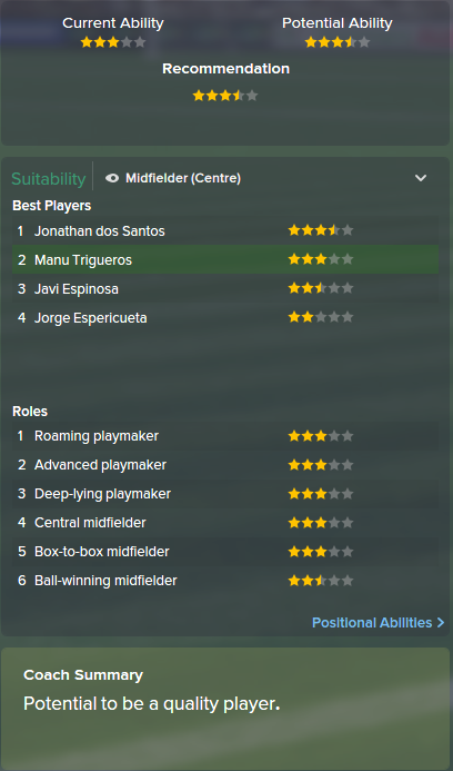 Manu Trigueros, FM15, FM 2015, Football Manager 2015, Scout Report, Current & Potential Ability