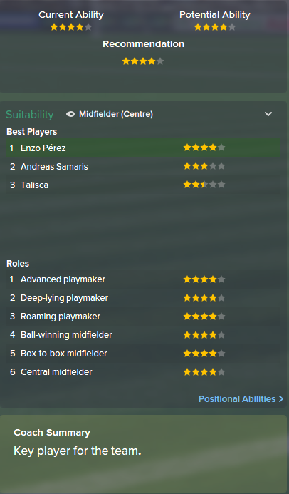 Enzo Perez, FM15, FM 2015, Football Manager 2015, Scout Report, Current & Potential Ability