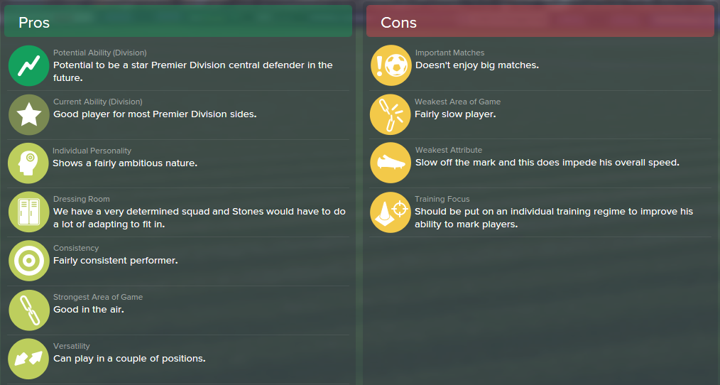 John Stones, FM15, FM 2015, Football Manager 2015, Scout Report, Pros & Cons